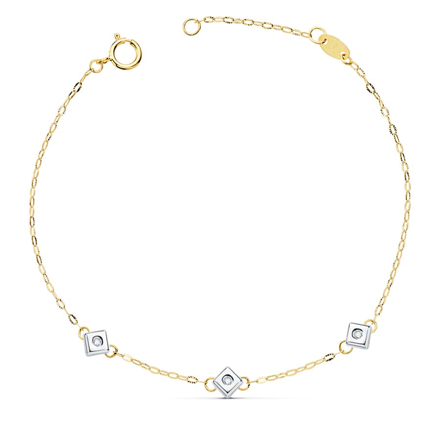 18K Bicolor Gold Bracelet Chaton Of 3 Rhombuses With Diamonds SI-H 0.045 Qts. 17 cm