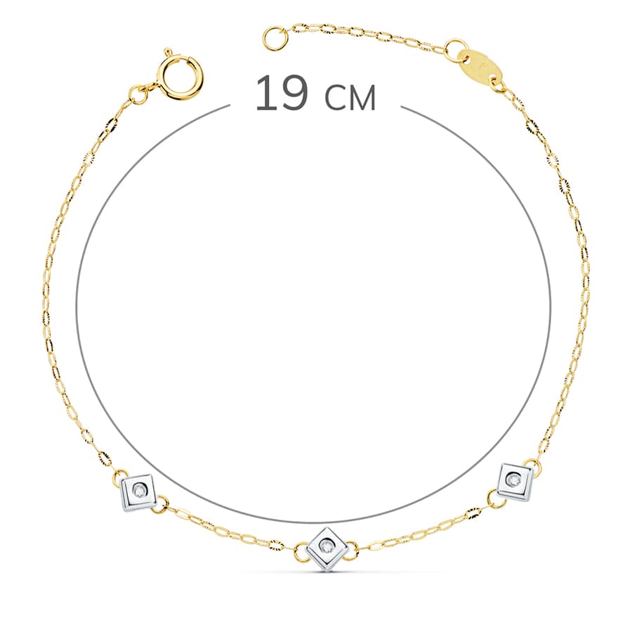 18K Bicolor Gold Bracelet Chaton Of 3 Rhombuses With Diamonds SI-H 0.045 Qts. 17 cm