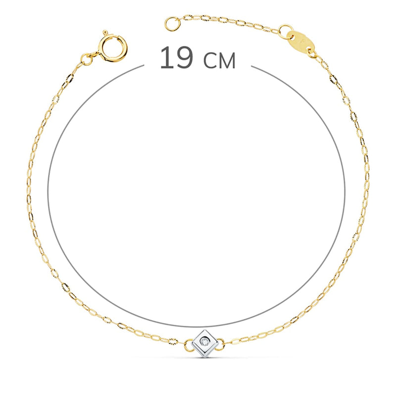 18K Pulsera Oro Bicolor Chaton De Rombo Con Diamante Si-H 0.015  Qts. 19 cm