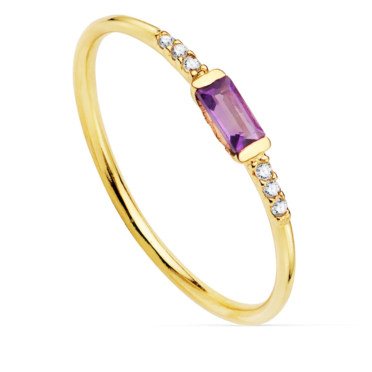 18K Yellow Gold Ring Diamonds 0.030 Cts. G-Vs2 Amethyst 4x2 mm body 1 mm