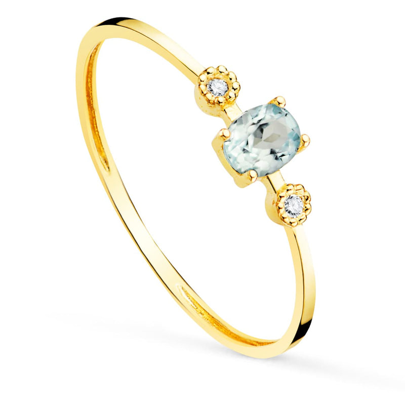 18K Yellow Gold Ring Diamonds 0.016 Qts. G-Vs2 Aquamarine 4x3mmbody 1 mm