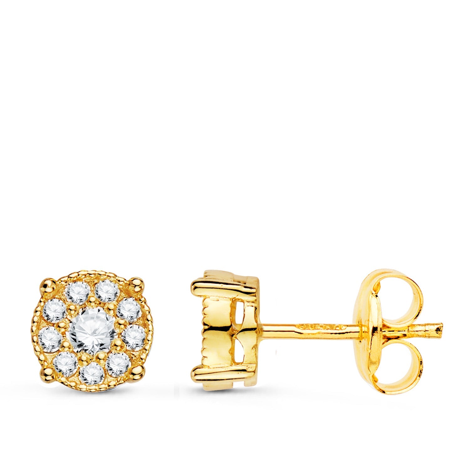 18K Yellow Gold Earrings Chaton 20 Diamonds 0.365 Carats Vs2-G. 6.5x6.5 mm. Pressure