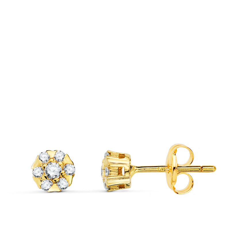 18K Yellow Gold Earrings Chaton 14 Diamonds 0.254 Qtes Vs2-G. 5x5mm Pressure