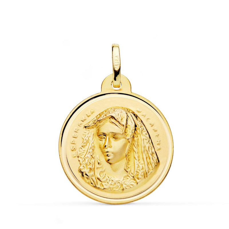 18K Medalla Oro Amarillo Virgen De La Macarena Bisel Matizada 24 mm