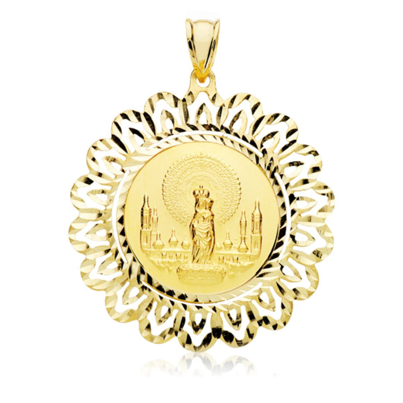 18K Virgen Del Pilar Redonda 22 mm Con Cerco Tallado 40x40 mm