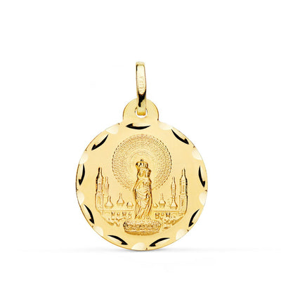 18K Yellow Gold Medal Virgin of Pilar Carved 22 mm