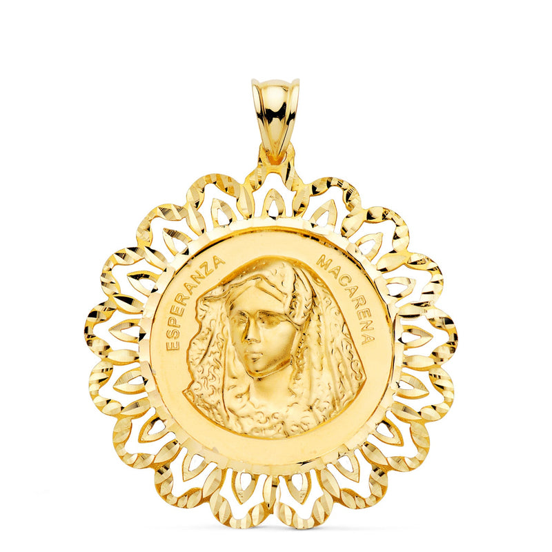 18K Yellow Gold Medal Virgin Macarena Carved Fence