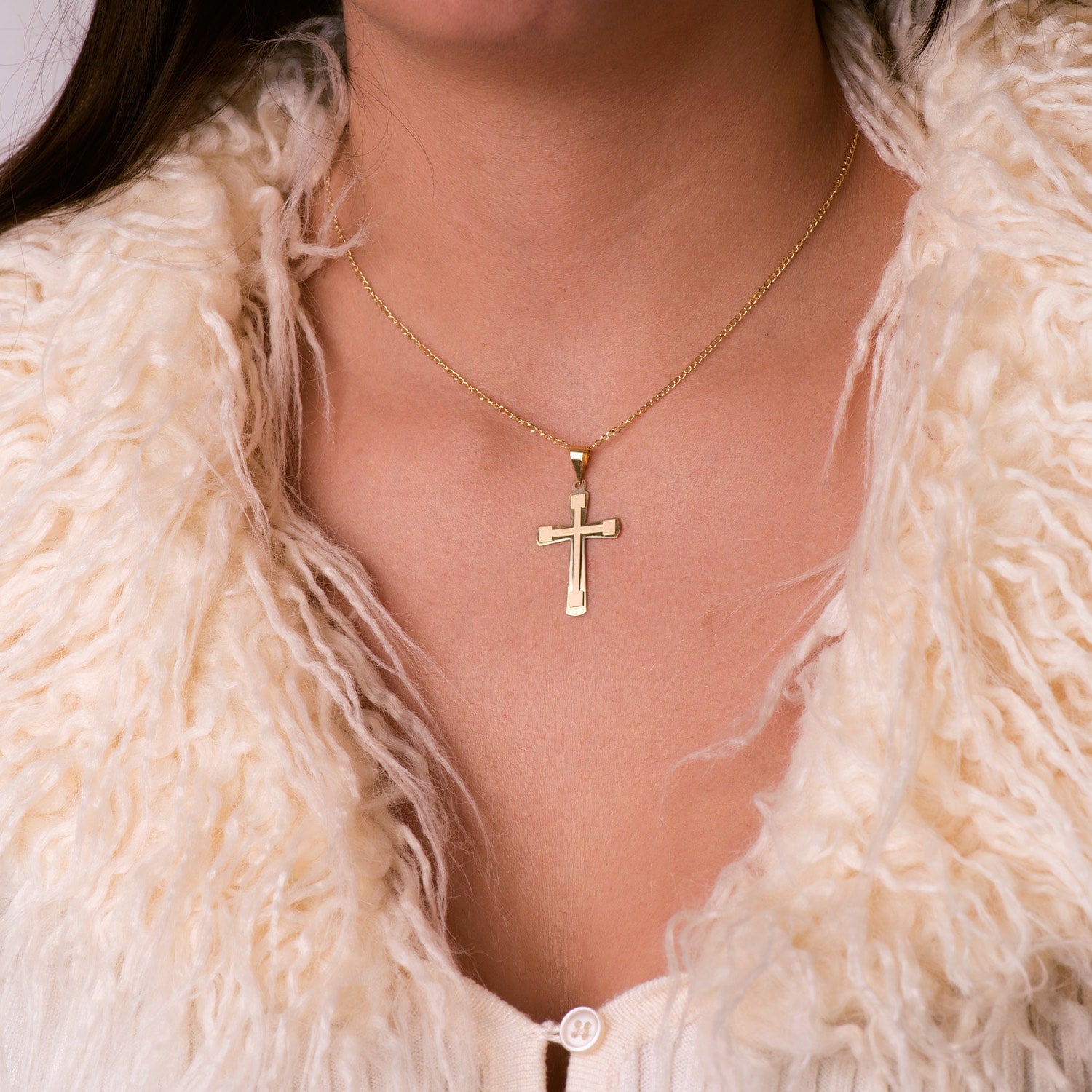 18K Yellow Gold Cross Shine and Matte Without Christ 33x20 mm