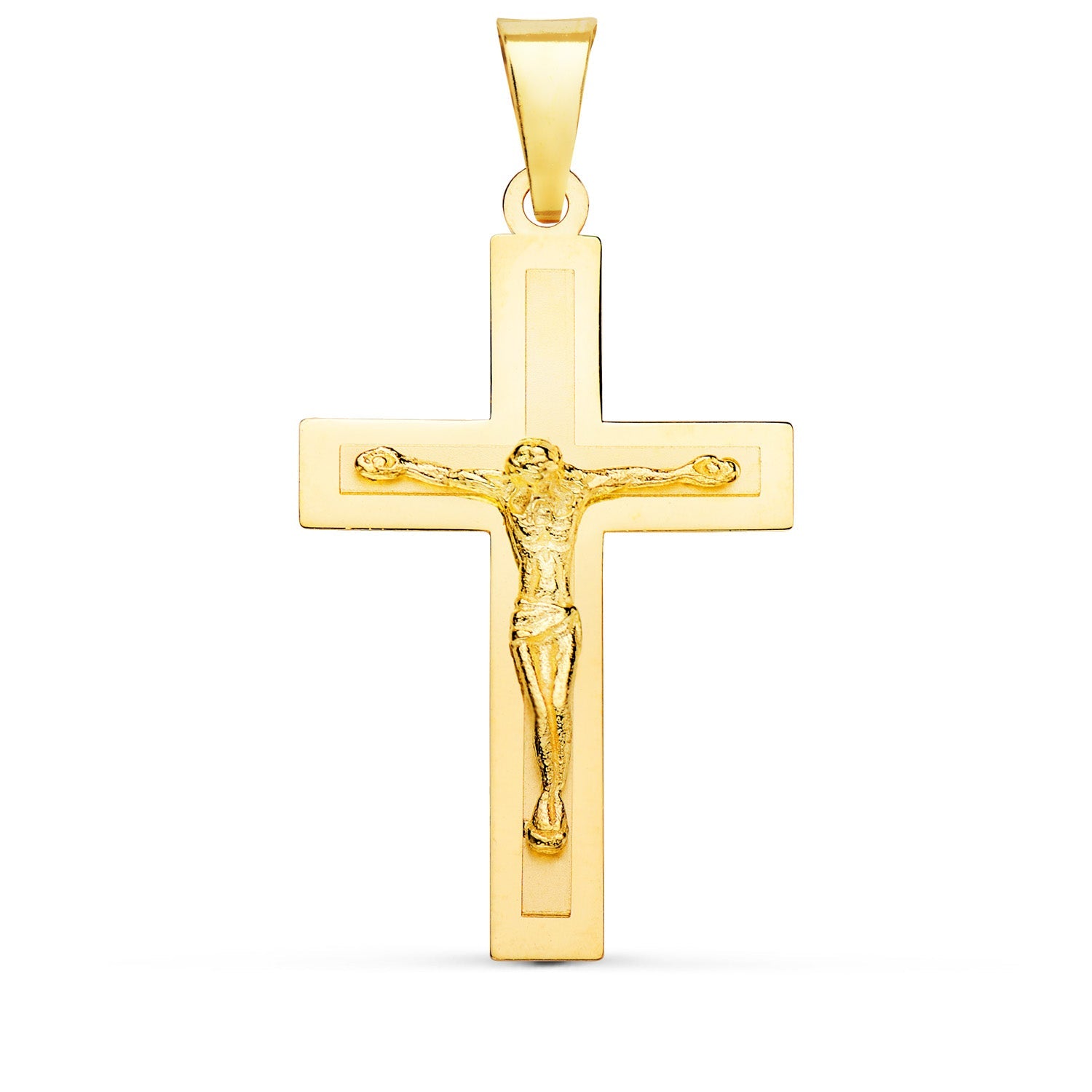 18K Yellow Gold Cross Glossy and Matte With Christ 32x20 mm