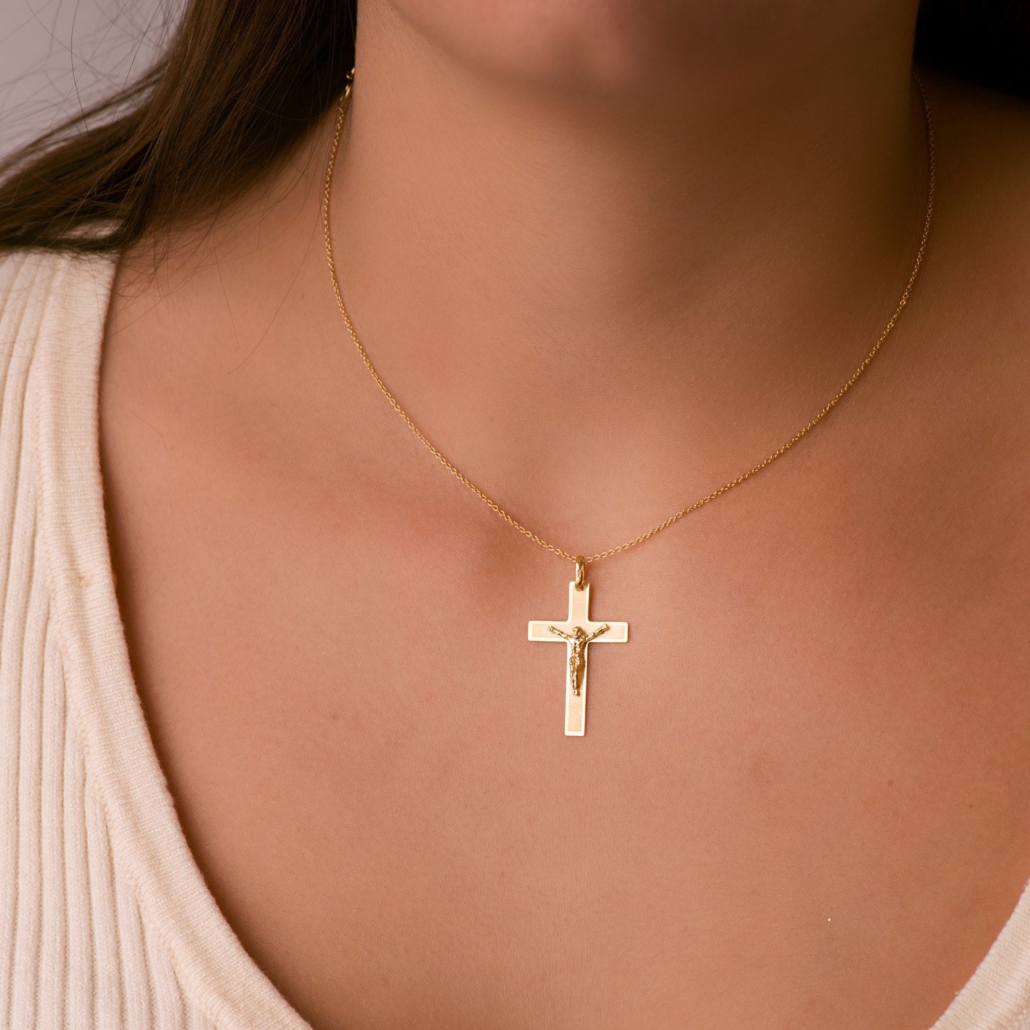 18K Yellow Gold Cross With Christ Matte 29x20 mm