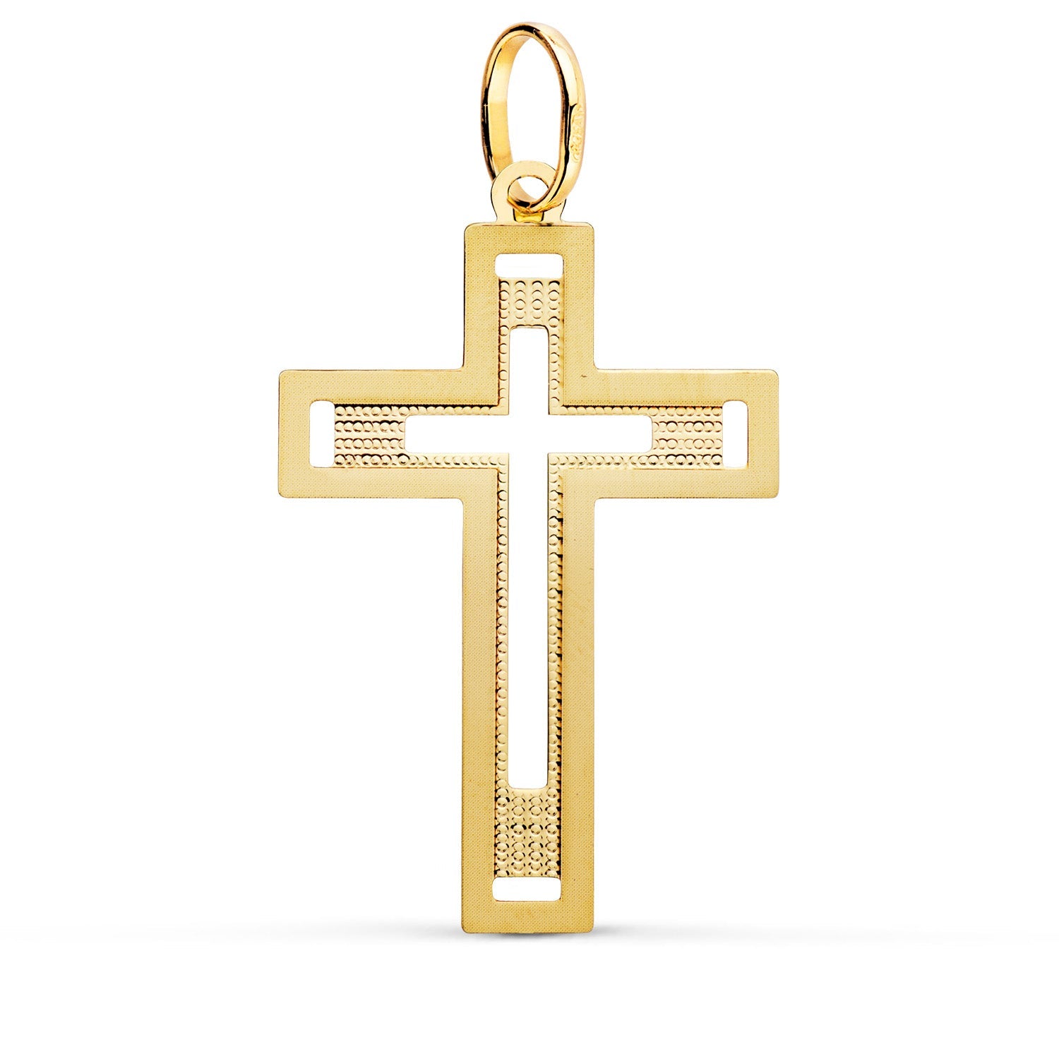 Cruz sin Cristo Tallada y Matizada Oro Amarillo 18k – 35x22 mm