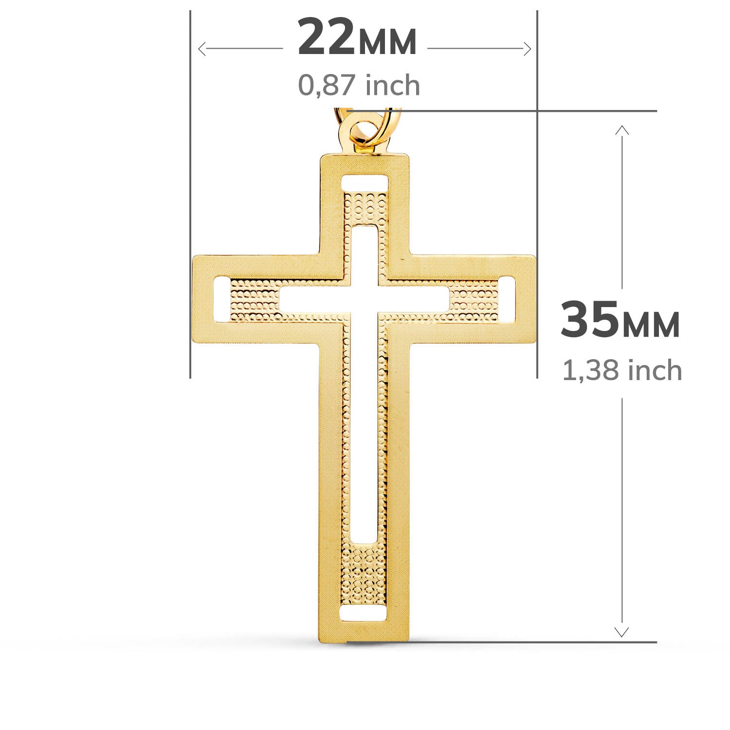 Cruz sin Cristo Tallada y Matizada Oro Amarillo 18k – 35x22 mm
