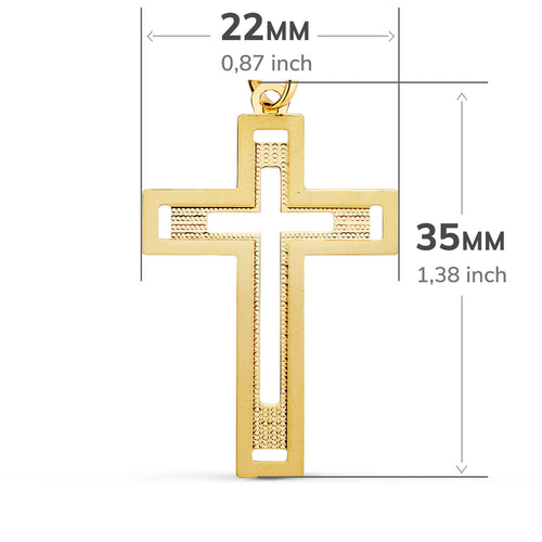 18K Cruz Oro Amarillo Sin Cristo Tallada Y Matizada 35x22 mm