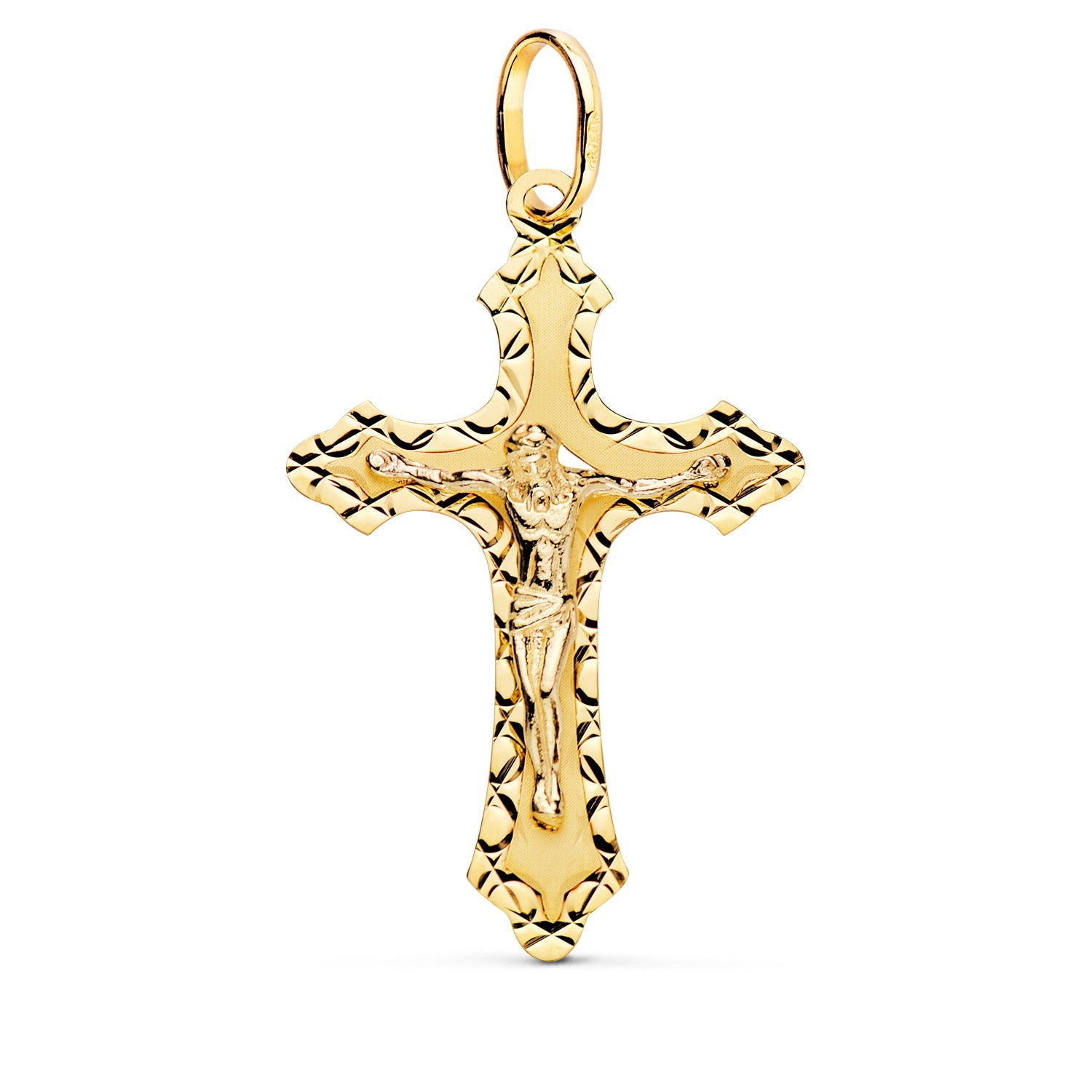 18K Yellow Gold Cross With Carved Christ 35x22 mm