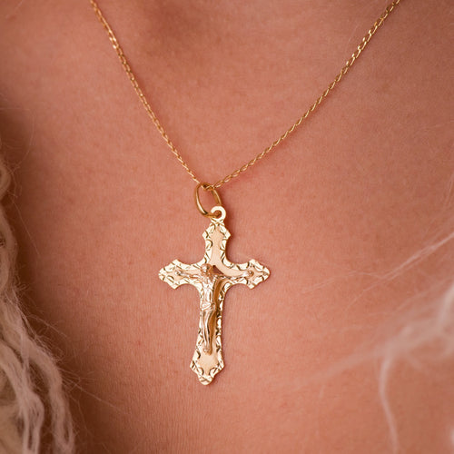 18K Yellow Gold Cross With Christ Carved 35x22 mm