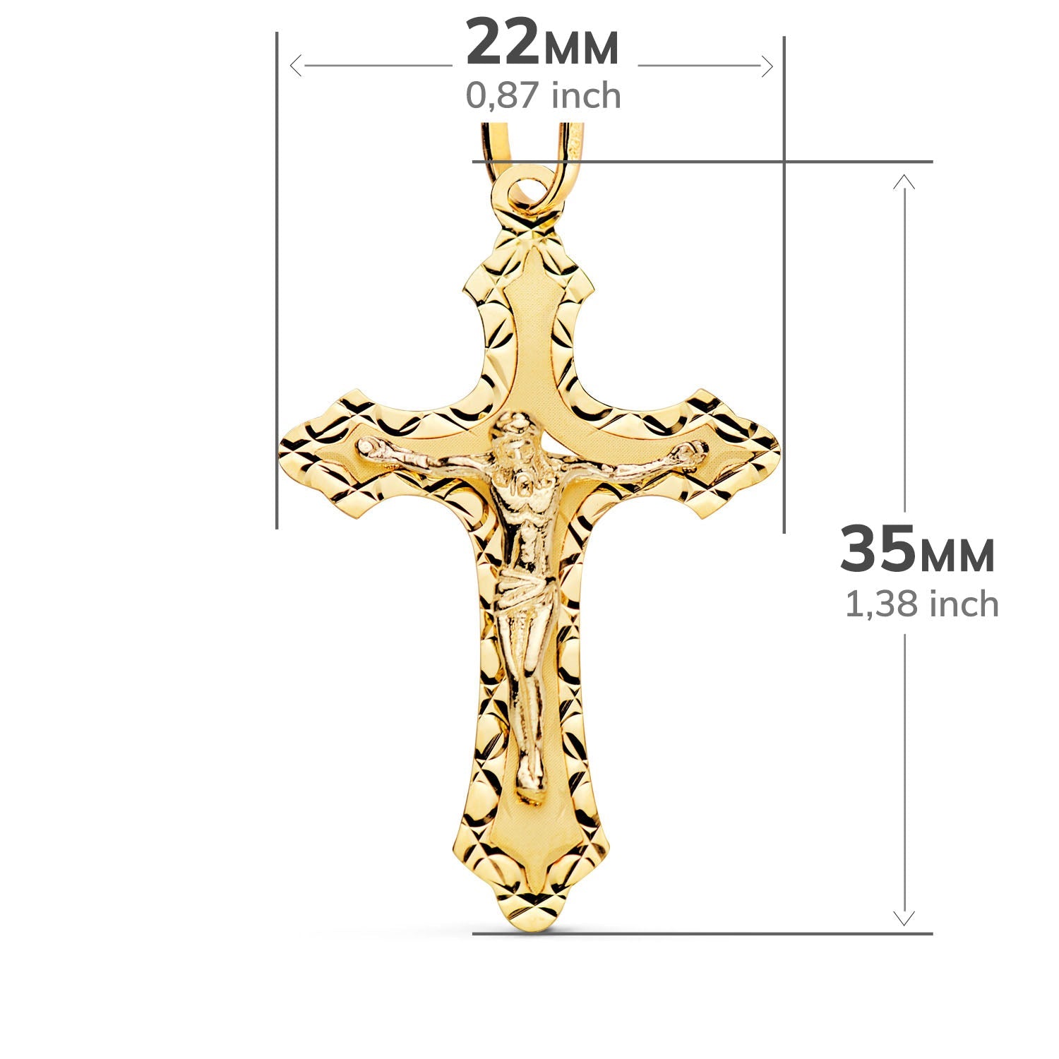 18K Yellow Gold Cross With Carved Christ 35x22 mm
