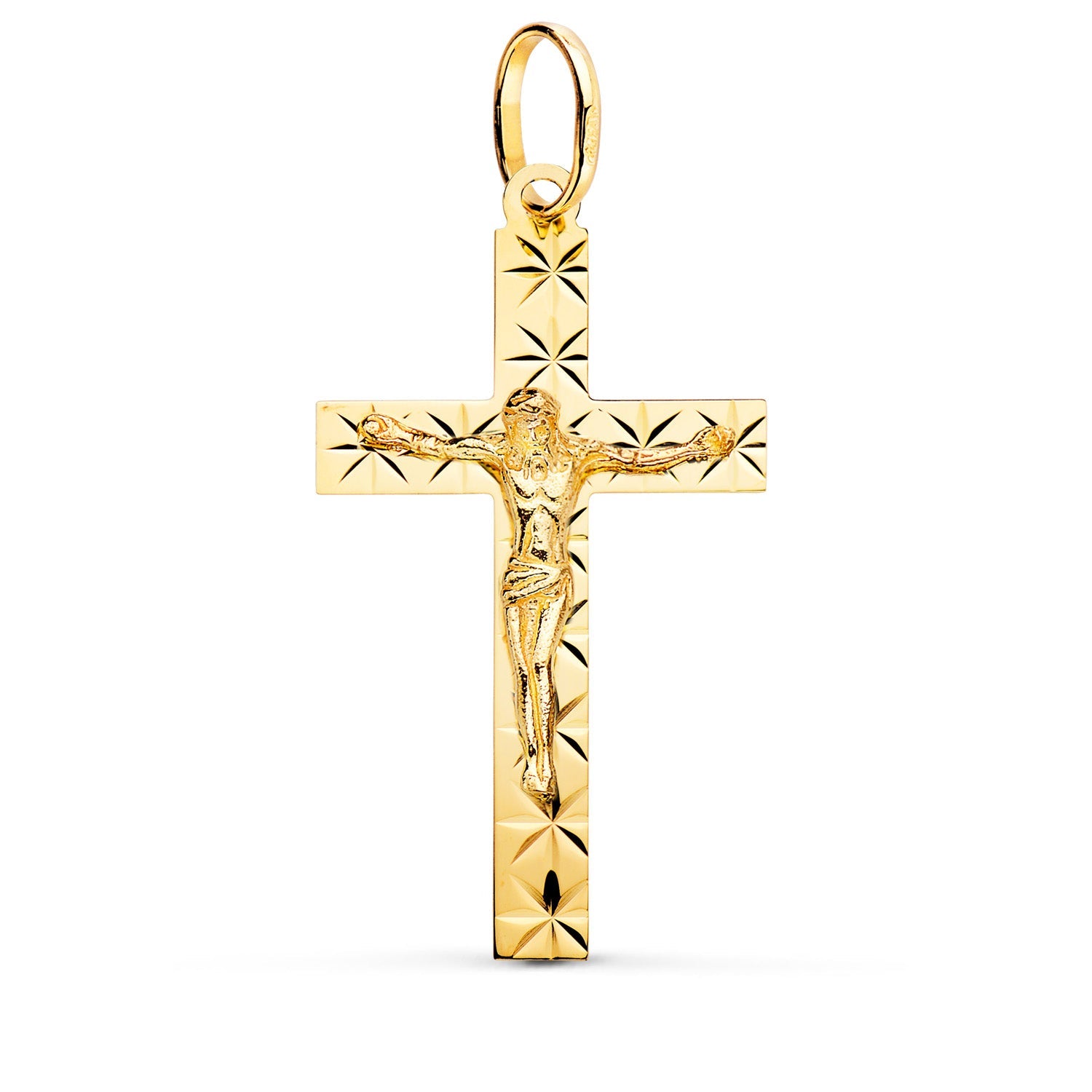 18K Yellow Gold Cross with Carved Christ 34x19 mm