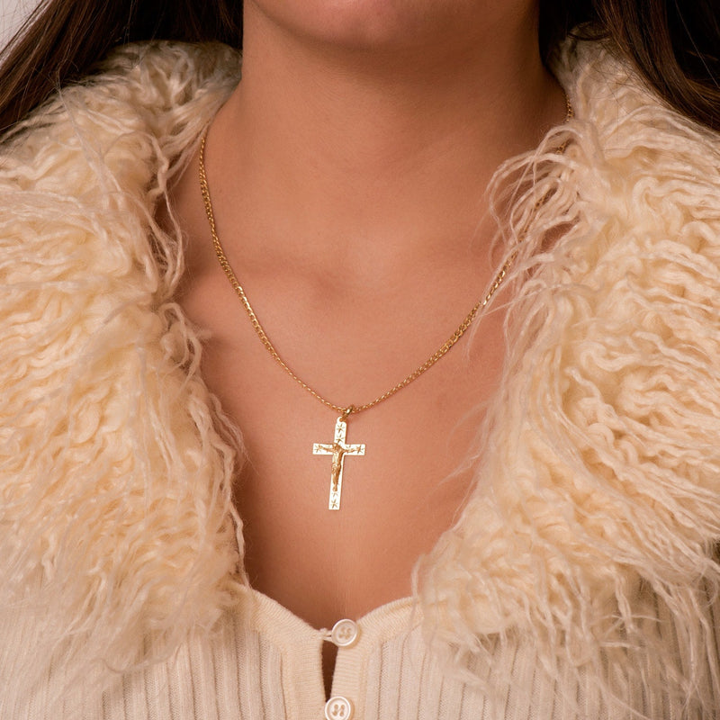 18K Yellow Gold Cross With Carved Christ 34x19 mm