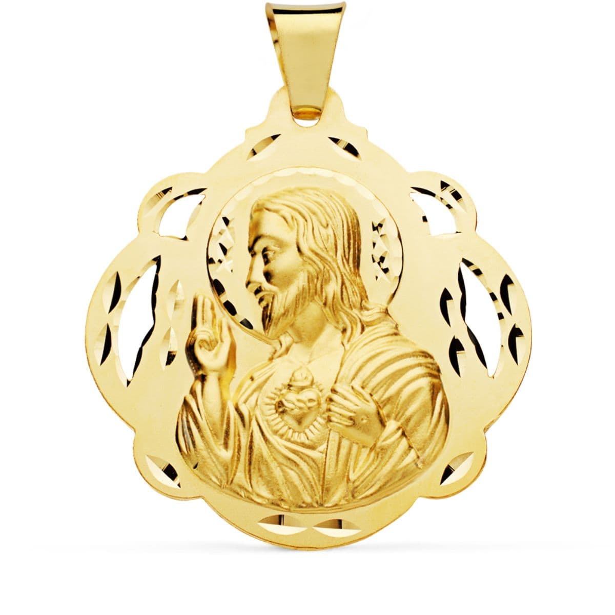 18K Medalla Cristo  Sagrado Corazon De Jesus Pandereta Calada 42 mm