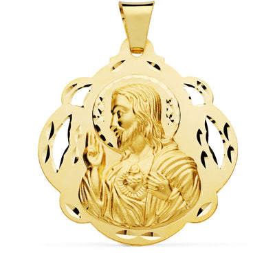 18K Medal Christ Sacred Heart of Jesus Openwork Tambourine 42 mm