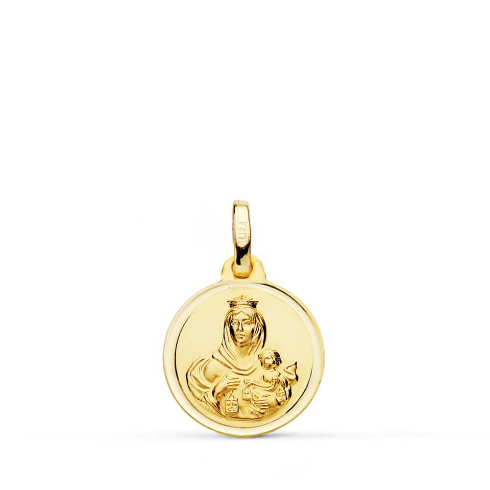 18K Yellow Gold Scapular Yellow Gold Bezel Virgin of Carmen Heart of Jesus 14 mm