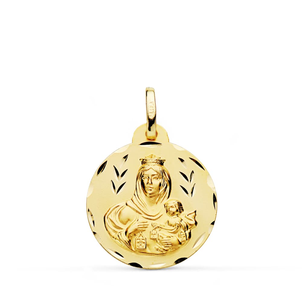 18K Escapulario Tallado Virgen Del Carmen Corazon De Jesus 20 mm