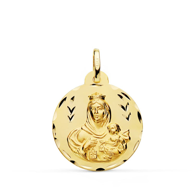 18K Escapulario Tallado Virgen Del Carmen Y Corazon De Jesus 22 mm