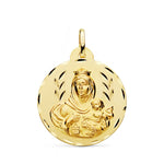 18K Escapulario Tallado Virgen Del Carmen Y Corazon De Jesus 26 mm