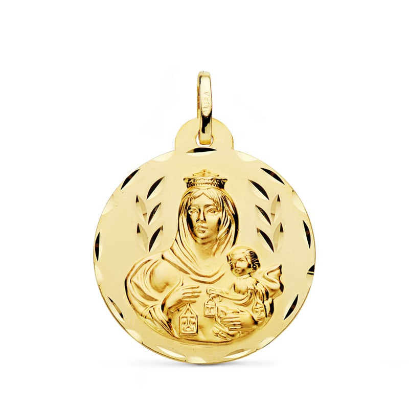 18K Escapulario Tallado Virgen Del Carmen Y Corazon De Jesus 26 mm