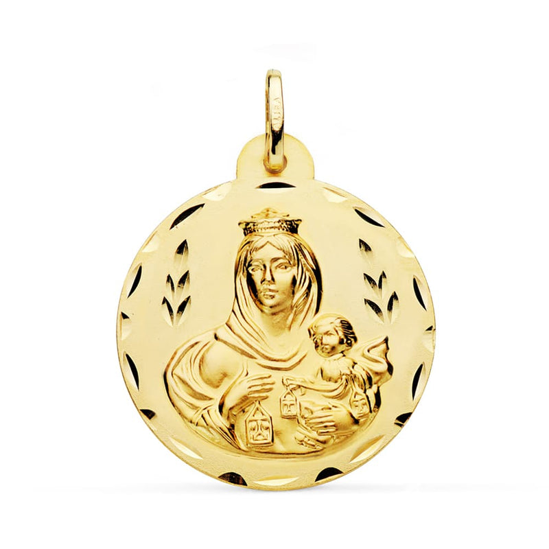 18K Escapulario Tallado Virgen Del Carmen Y Corazon De Jesus 28 mm