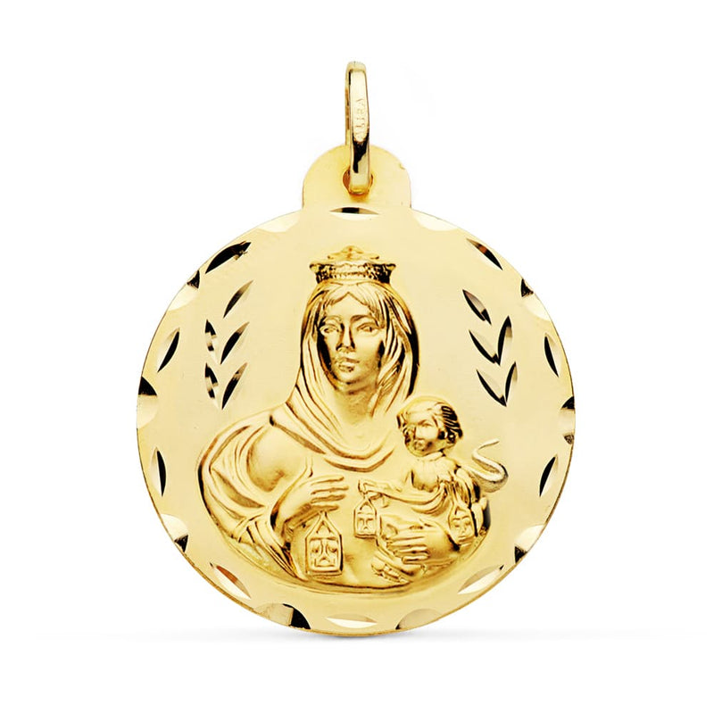 18K Escapulario Tallado Virgen Del Carmen Corazon De Jesus 30 mm