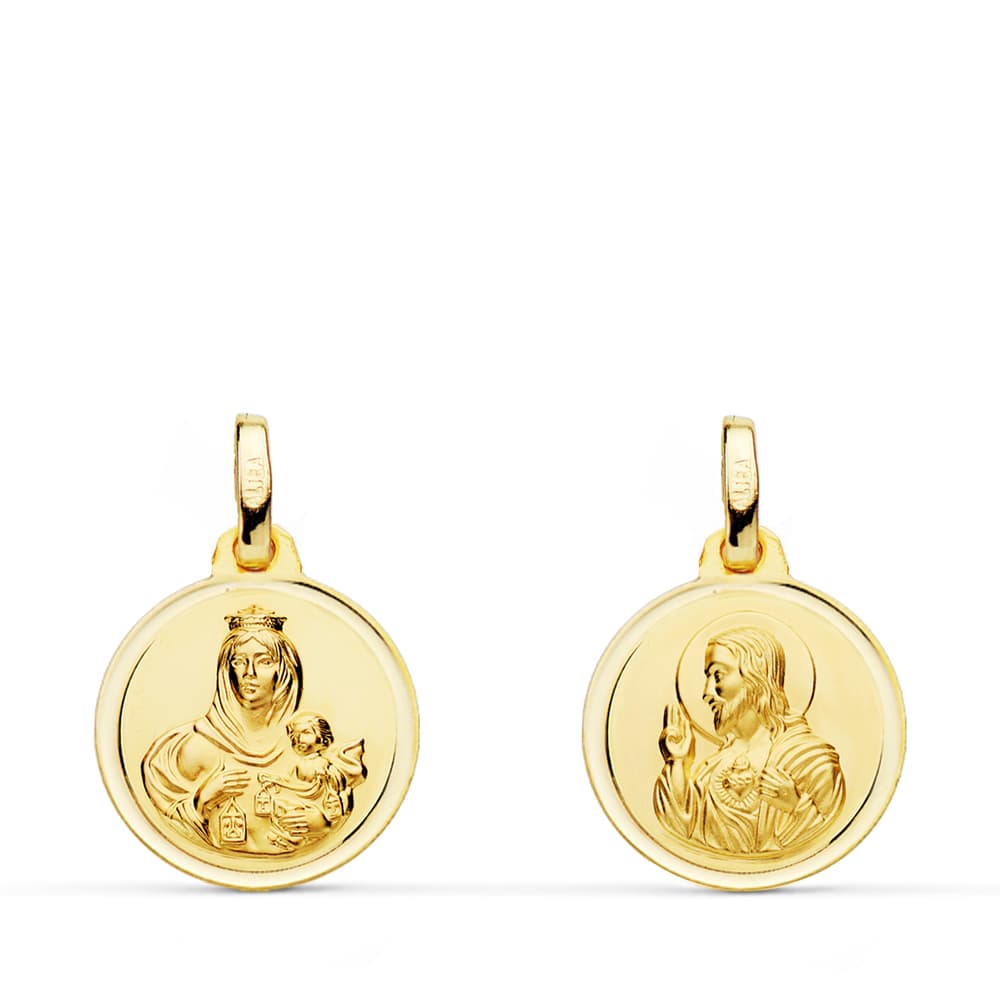 18K Yellow Gold Scapular Yellow Gold Bezel Virgin of Carmen Heart of Jesus 14 mm