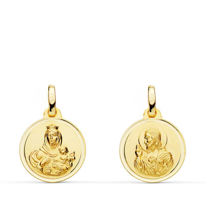 18K Escapulario Oro Amarillo Bisel Oro Amarillo Virgen Del Carmen Corazon De Jesus 14 mm