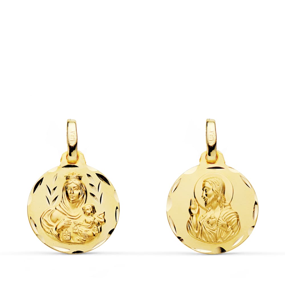 18K Escapulario Tallado Virgen Del Carmen Corazon De Jesus 14 mm