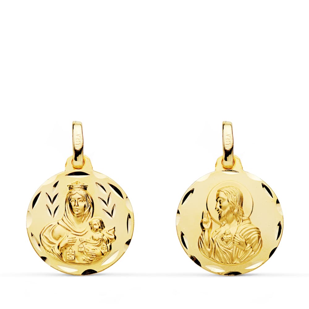 18K Carved Scapular Virgin of Carmen Heart of Jesus 16 mm