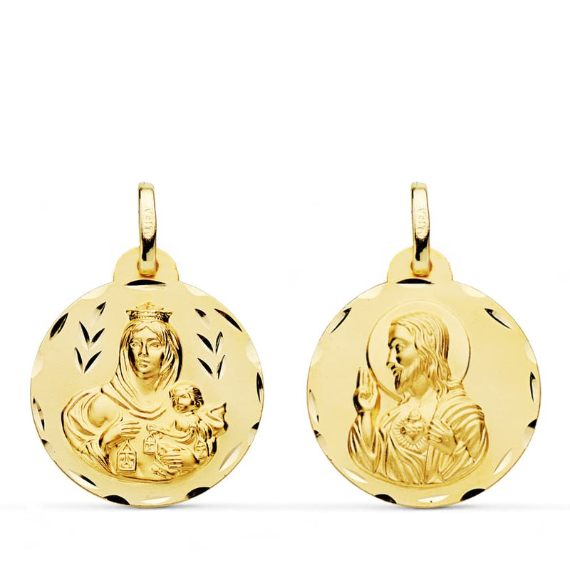 18K Escapulario Tallado Virgen Del Carmen Corazon De Jesus 20 mm