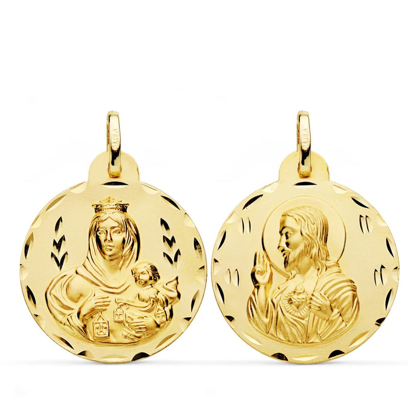 18K Escapulario Tallado Virgen Del Carmen Y Corazon De Jesus 24 mm