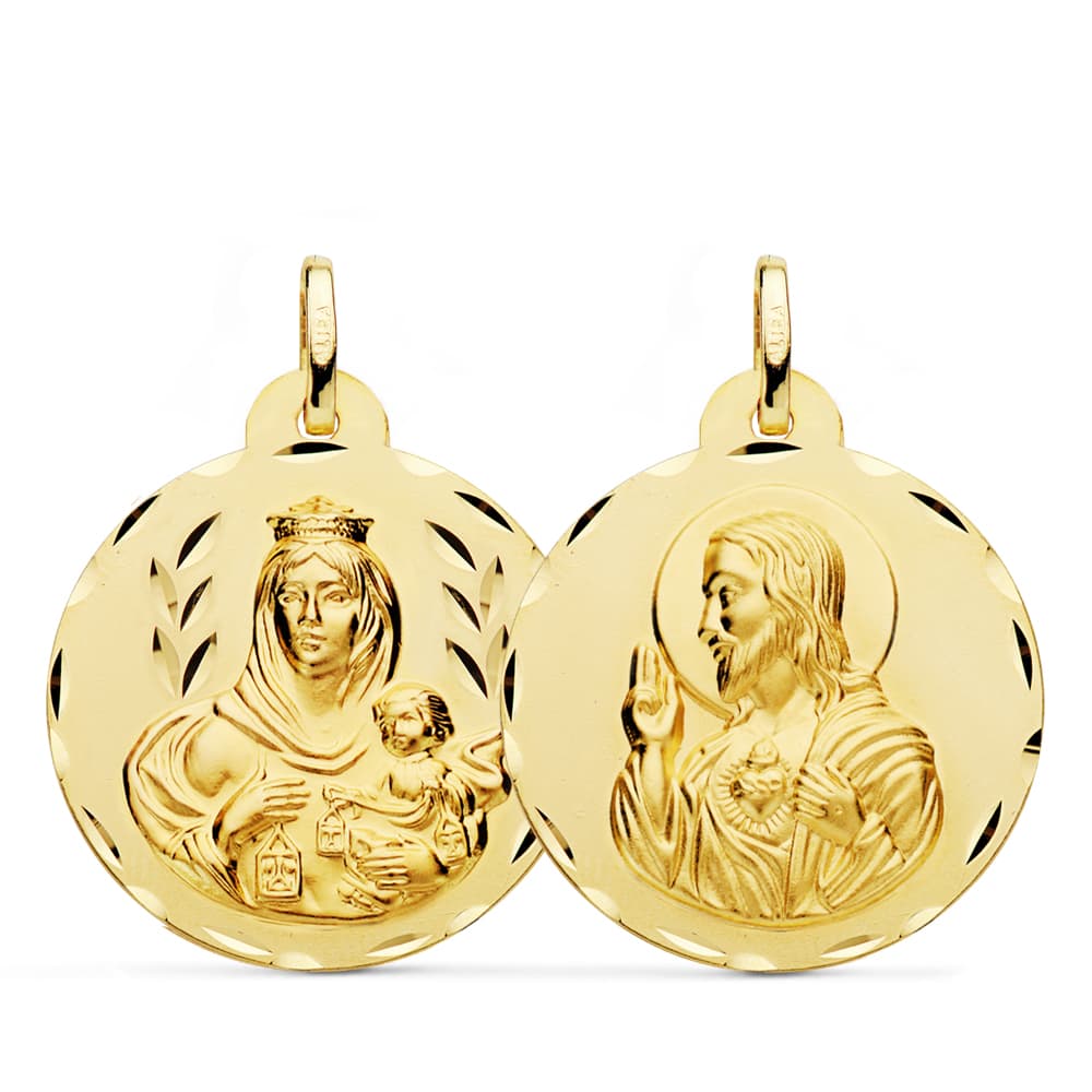 18K Carved Scapular Virgin of Carmen and Sacred Heart of Jesus 26 mm