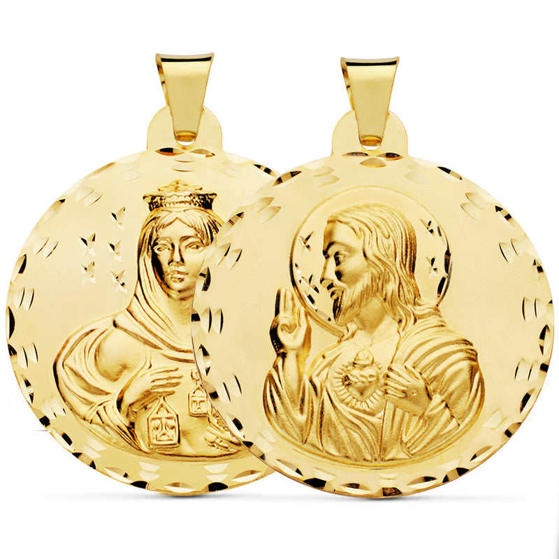 18K Escapulario Tallado Virgen Del Carmen Y Corazon De Jesus 42 mm