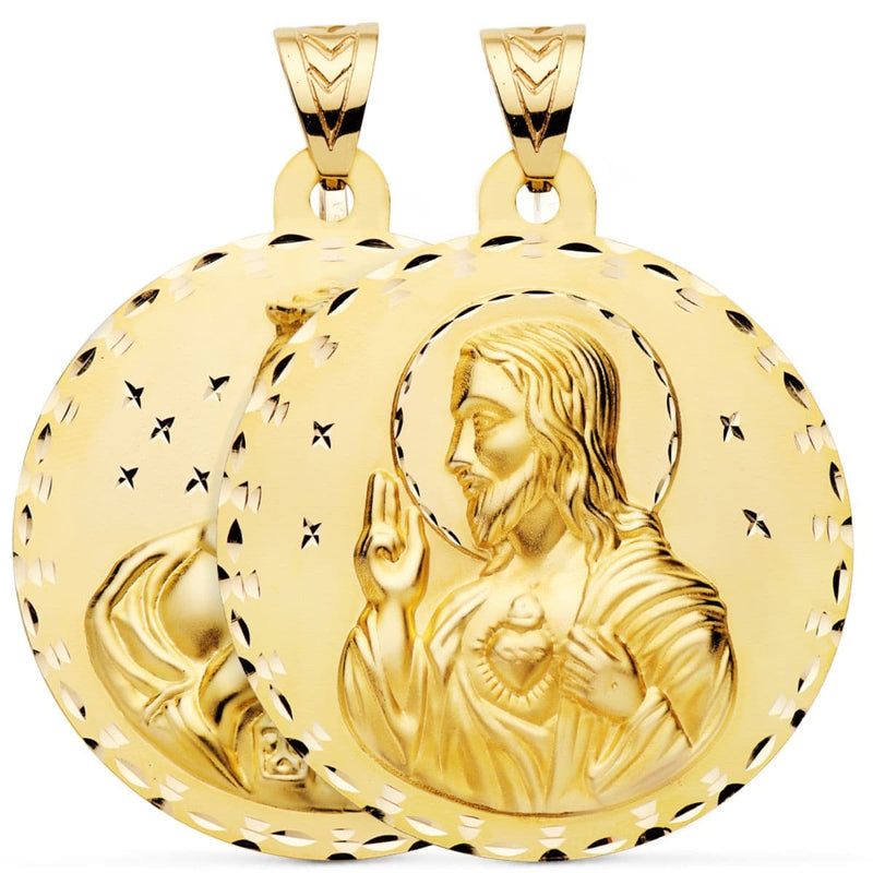 18K Medalla Escapulario Tallado Virgen Del Carmen Y Corazon De Jesus 55 Mm