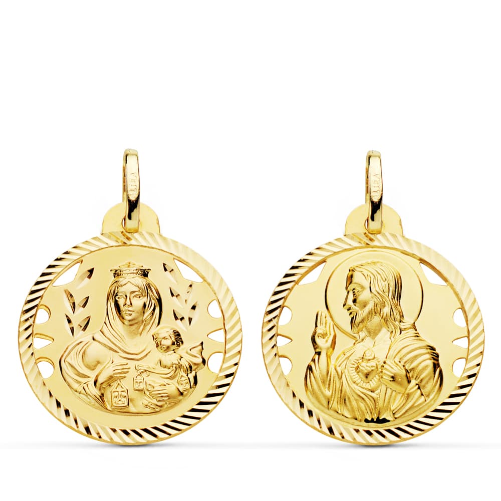 18K Escapular Helix Cut Virgin Carmen And Heart Of Jesus 22 mm