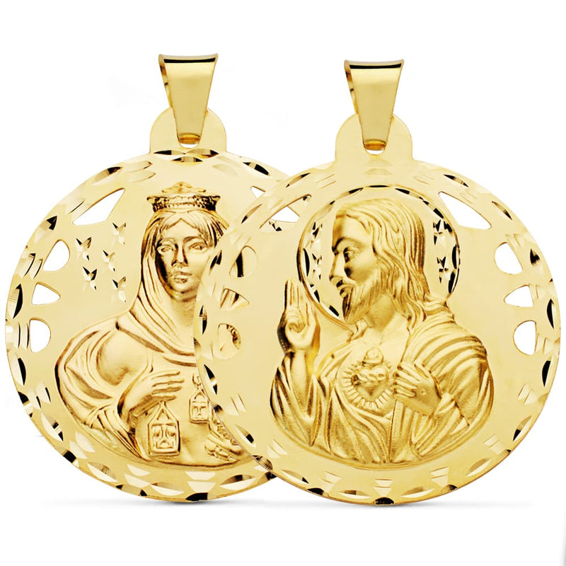 18K Openwork Carved Scapular of the Virgin of Carmen and the Heart of Jesus 42 mm