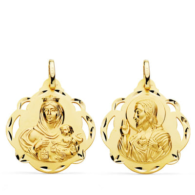 18K Escapulario Oro Amarillo Virgen Del Carmen Y Corazon De Jesus Pandereta Calada 24 mm