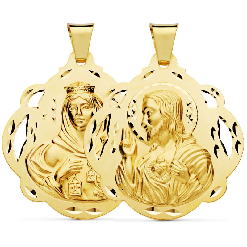 18K Scapular of the Virgin of Carmen + Heart of Jesus Openwork Tambourine 42 mm