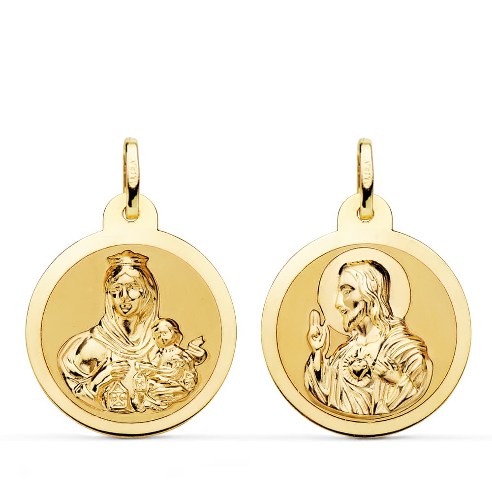 18K Escapular Shine Virgin of Carmen and Heart of Jesus 22 mm