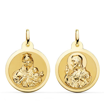 18K Shiny Scapular of the Virgin of Carmen and the Heart of Jesus 22 mm