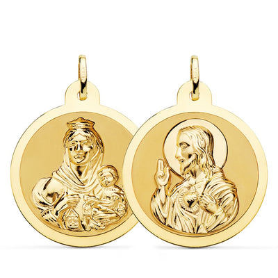 18K Shiny Scapular of the Virgin of Carmen and the Heart of Jesus 28 mm