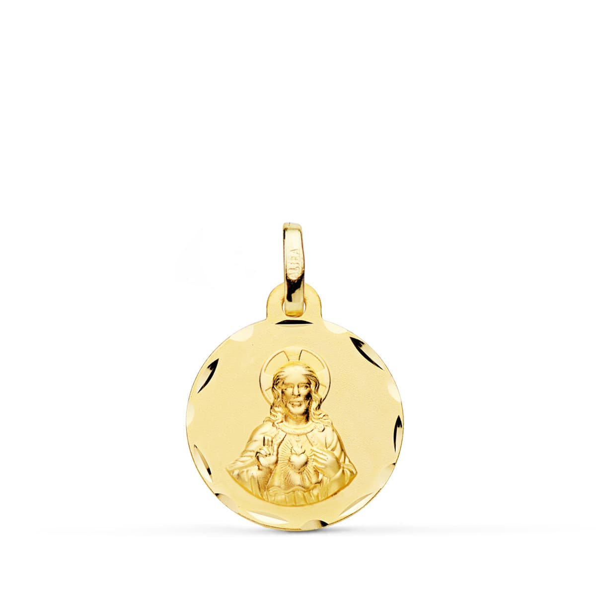 18K Yellow Gold Scapular Heart of Jesus and Virgin of Carmen Yellow Gold Carved 16 mm