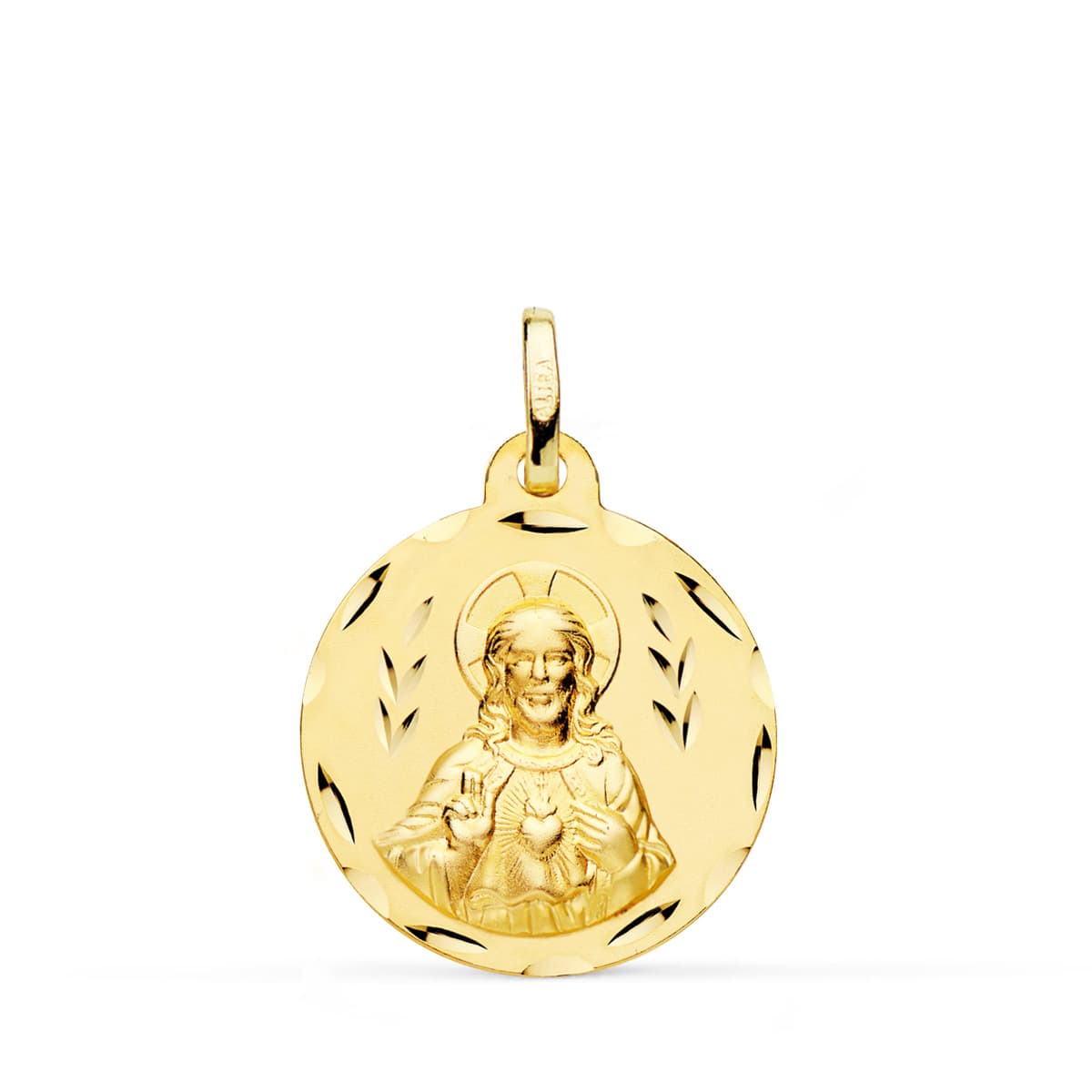 18K Yellow Gold Scapular Heart of Jesus and Virgin of Carmen Carved Yellow Gold 20 mm