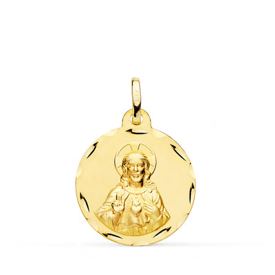 18K Medalla Oro Amarillo Cristo Sagrado Corazon De Jesus Bisel 20 mm